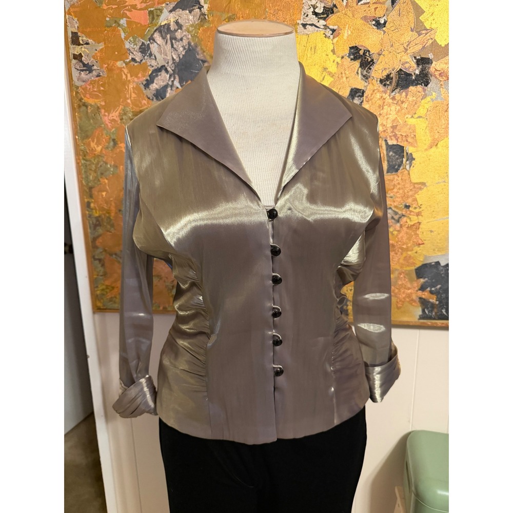 Xscape by Joanna Chen Metallic Champagne Ruched Button Front Blouse Top Size 14